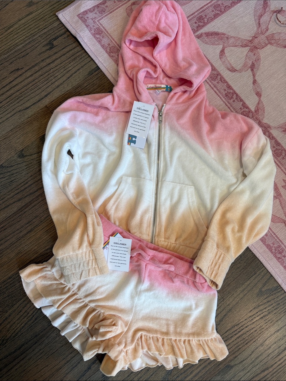 Vintage Havana Girls Ombre Zip Hoodie & Ruffle Shorts Set in Pink, Cream, Peach